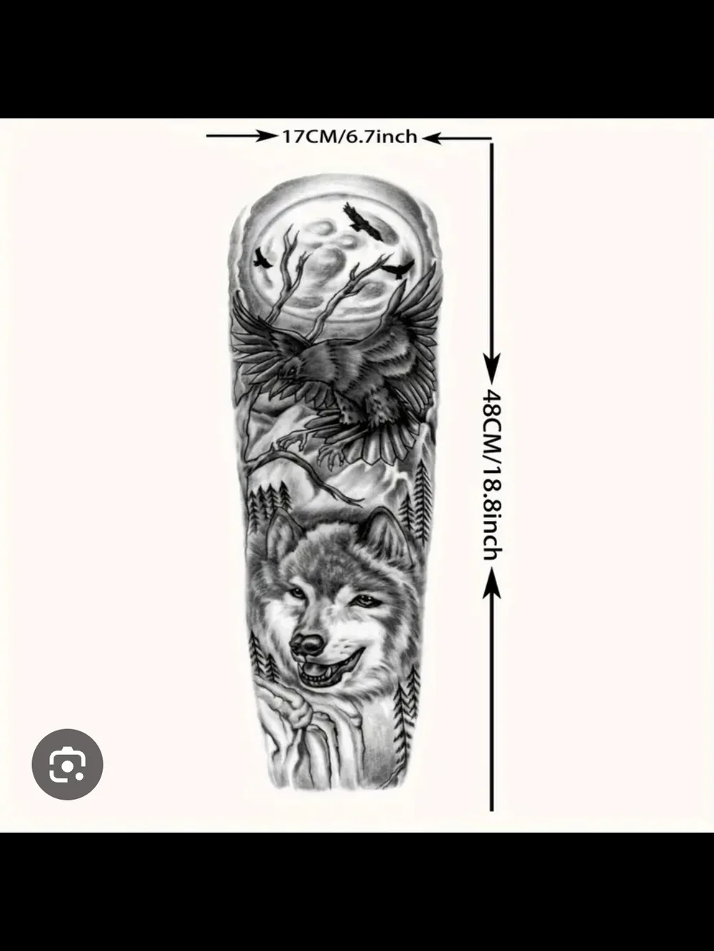 Black and Gray Wolf & Raven Full Sleeve Temporary Tattoo - Picture 4 of 4